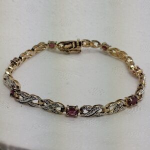 Sterling Silver Gold Plated Ruby Diamond Bracelet 7.5 Inch